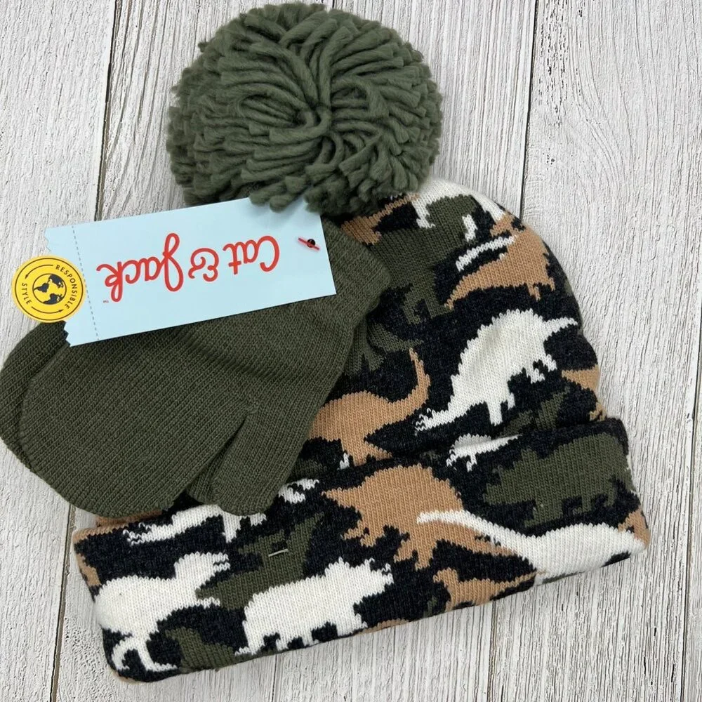 Little Kids Beanie Set Toddlers Dinosaur Camo with‎ Mittens New